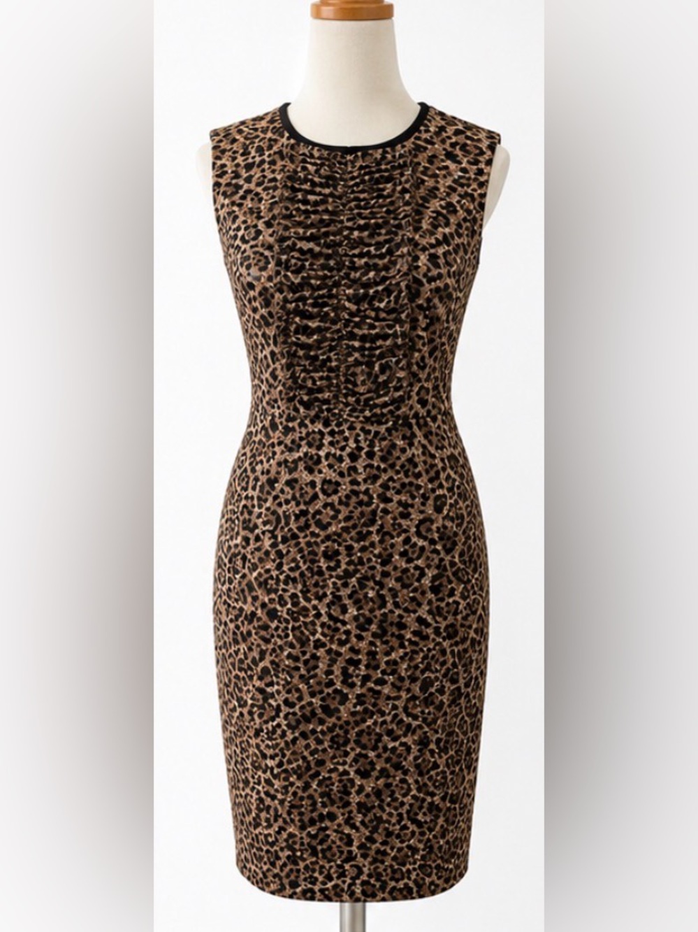[Elie Tahari] Leopard Print Sleeveless Sheath Dress Ruffle Brown Black Sz 4